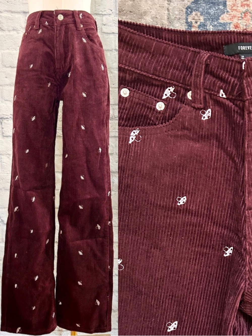 🍄 Forever 21 Embroidered Mushroom Corduroy Pants Aubergine Cottagecore Fall